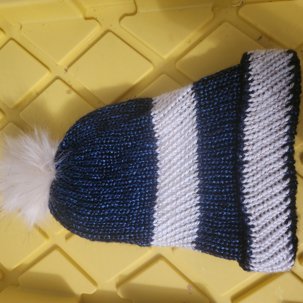 New! Hand Knitted Stylish Blue and White Knit Pom-Pom Hat
